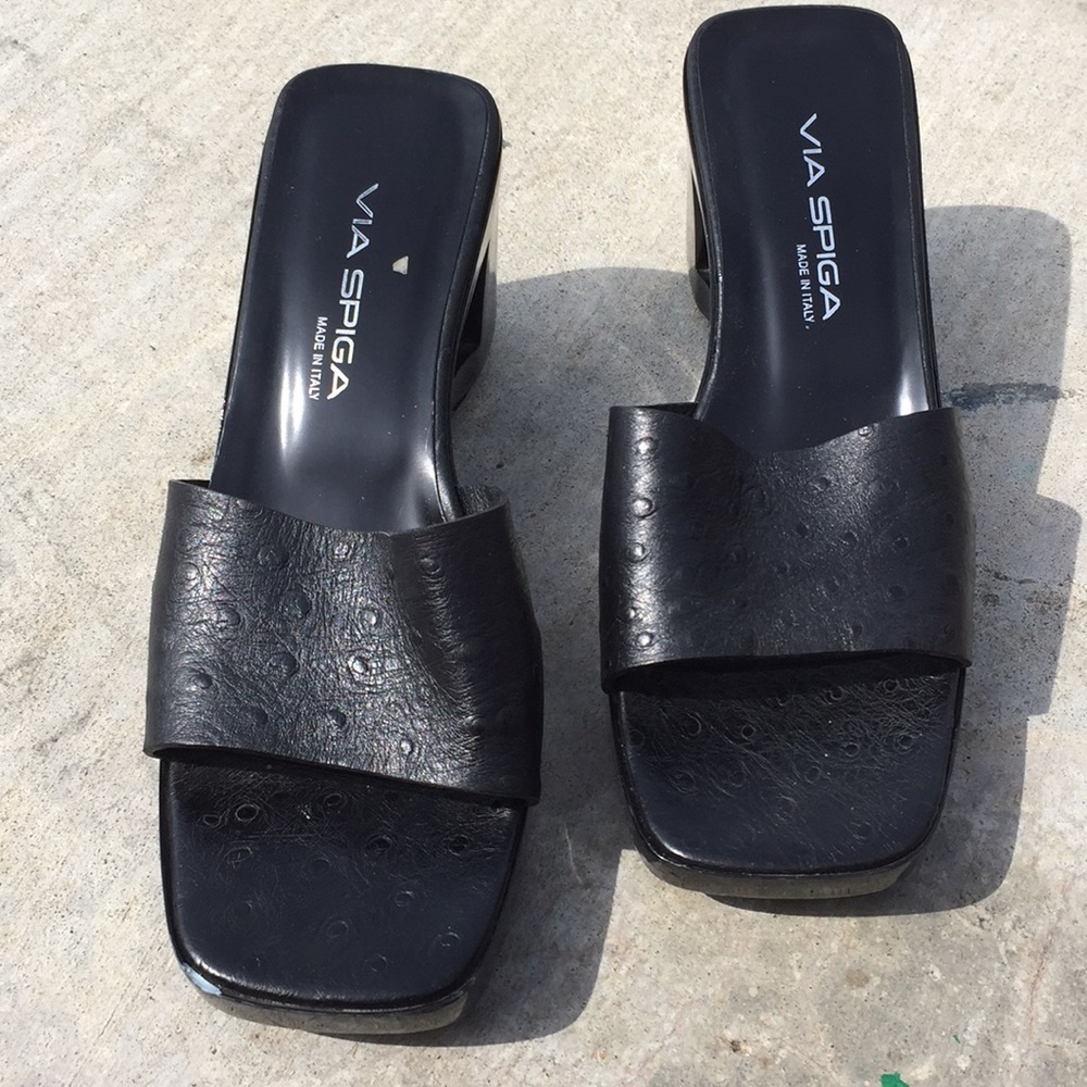 Black leather slip on sandal